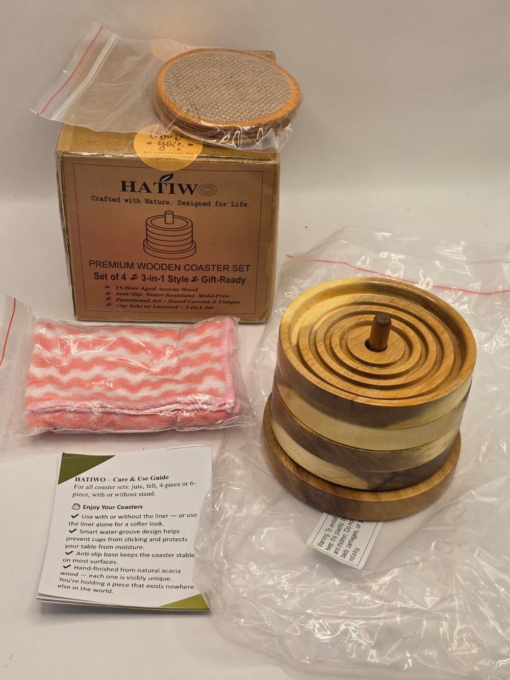 HATIWO Acacia Wood Coaster Set of 4 w/ Holder Anti-Slip Liners New Open Box